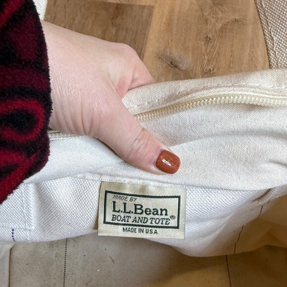 L.L. Bean Boat And Tote Bag White on White Ivory Zipper Top Medium Canvas USA - Picture 5 of 9